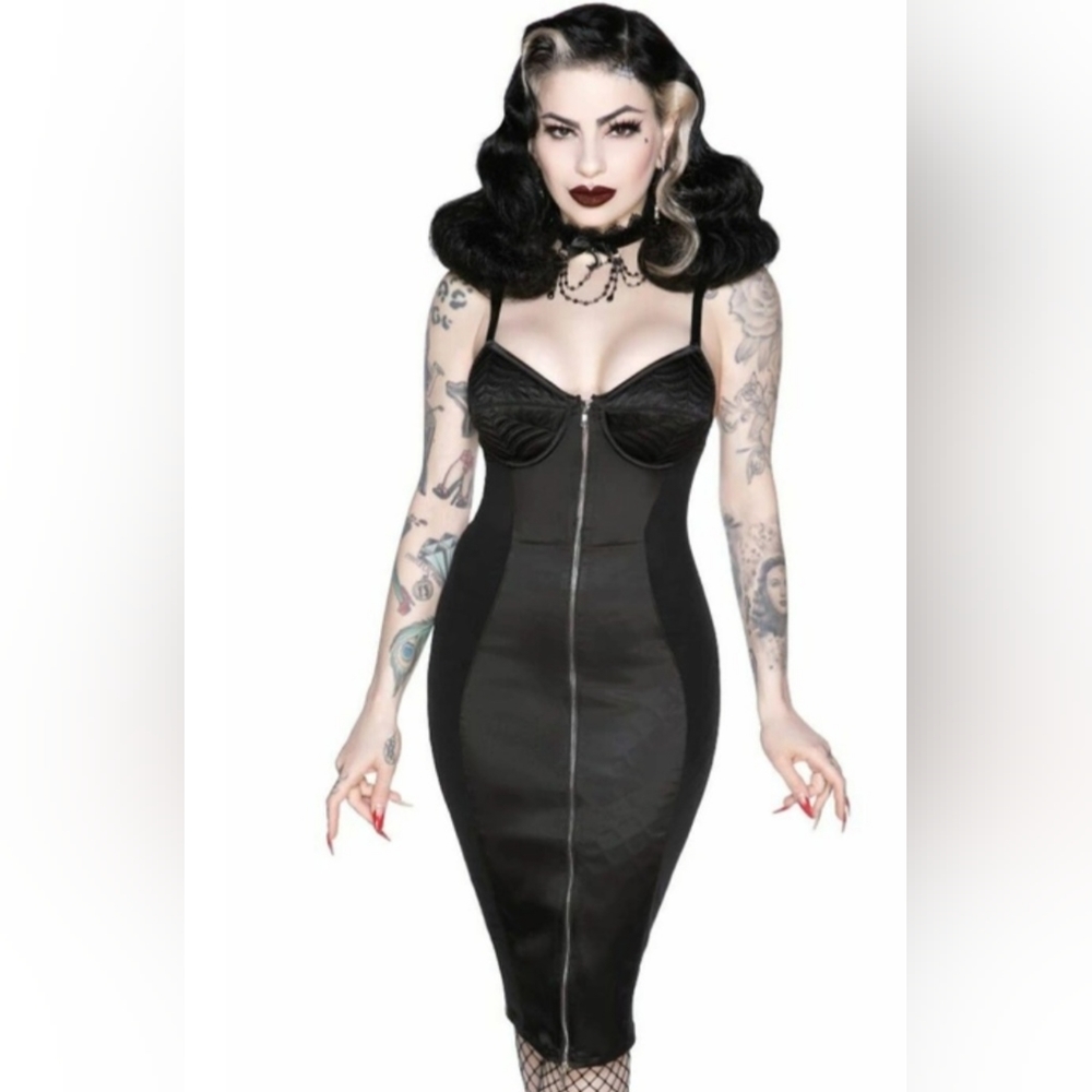 Killstar black spiderweb wiggle bodycon zipper dress size xl pinup goth
